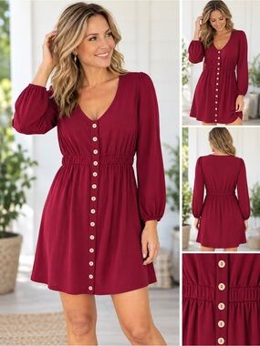 Burgundy V-Neck Button Down Dress Elastic Waist M